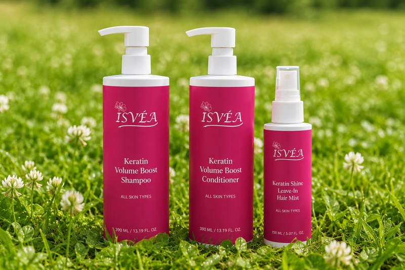 ISVEA Keratin Volume Boost Shampoo, Keratin Volume Boost Conditioner and Keratin Shine Leave In Hair Mist for stronger and healthier hair 